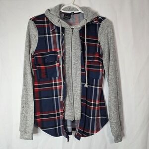 Eye Candy Plaid Hoodie Zip Jacket Cozy Cabin Core Layered Flannel Look